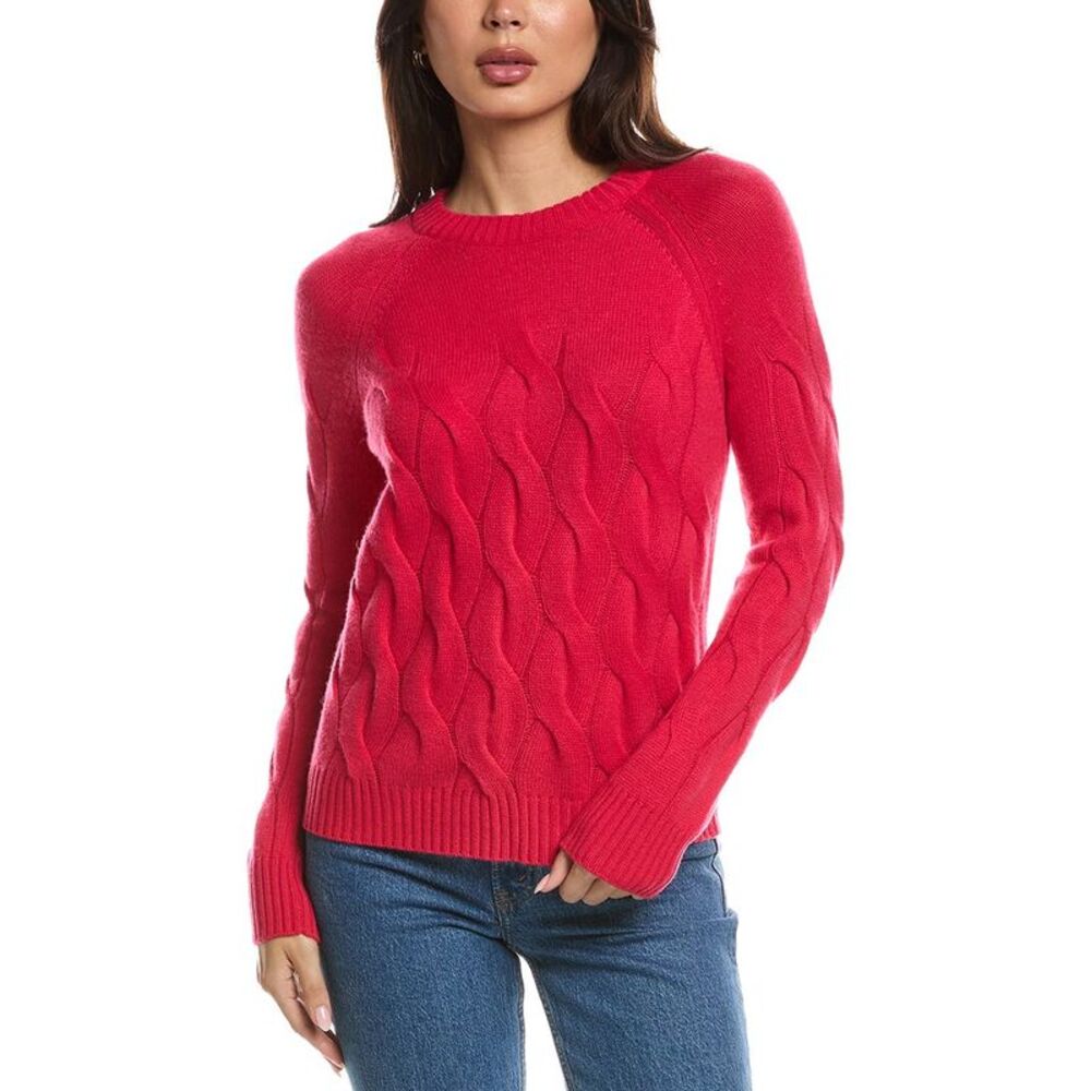Forte Cashmere Womens Wandering Cable Crewneck 100% Cashmere Sweater, Pink